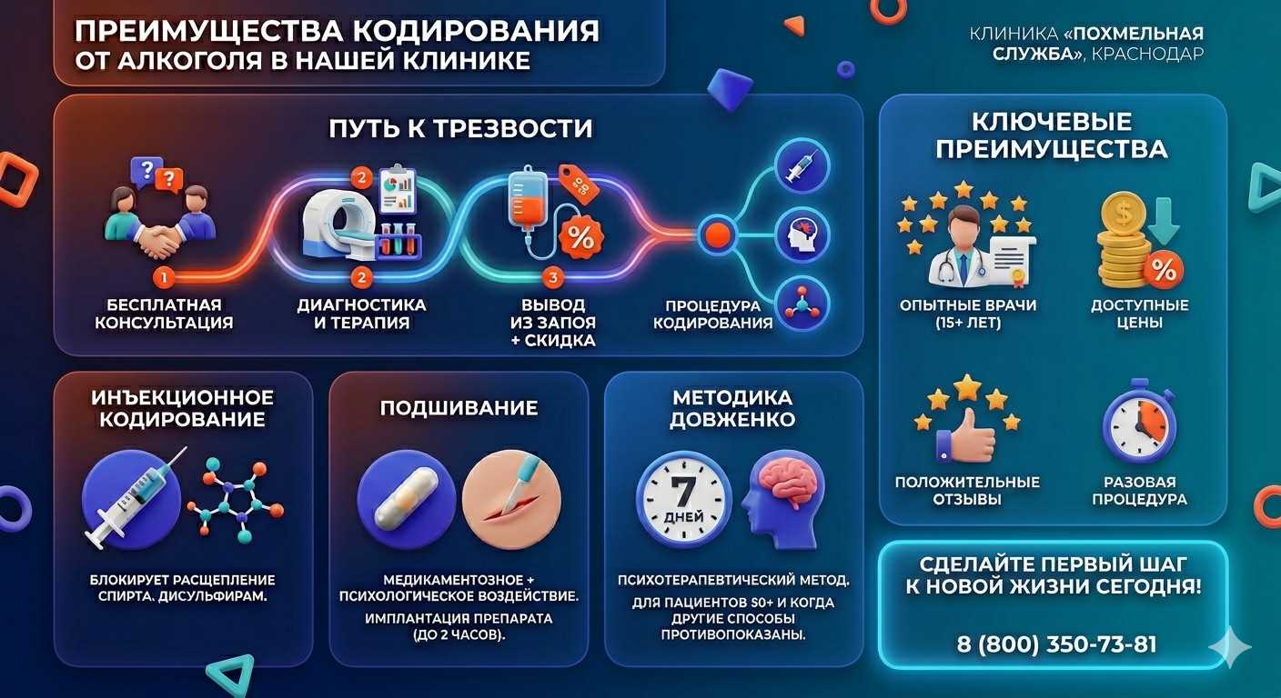 Инфографика о методах кодирования от алкоголя в Горняке: инъекции, подшивание, метод Довженко. Преимущества клиники и этапы лечения.
