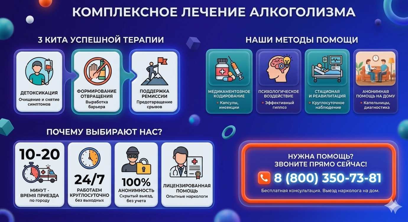 Инфографика о методах лечения алкоголизма в Горняке: детоксикация, кодирование и анонимная помощь на дому от клиники Похмельная служба.