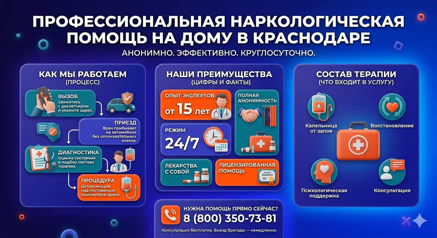 Инфографика о принципах лечения алкоголизма на дому в Горняке: этапы вызова нарколога, преимущества анонимной детоксикации и состав медицинской помощи.